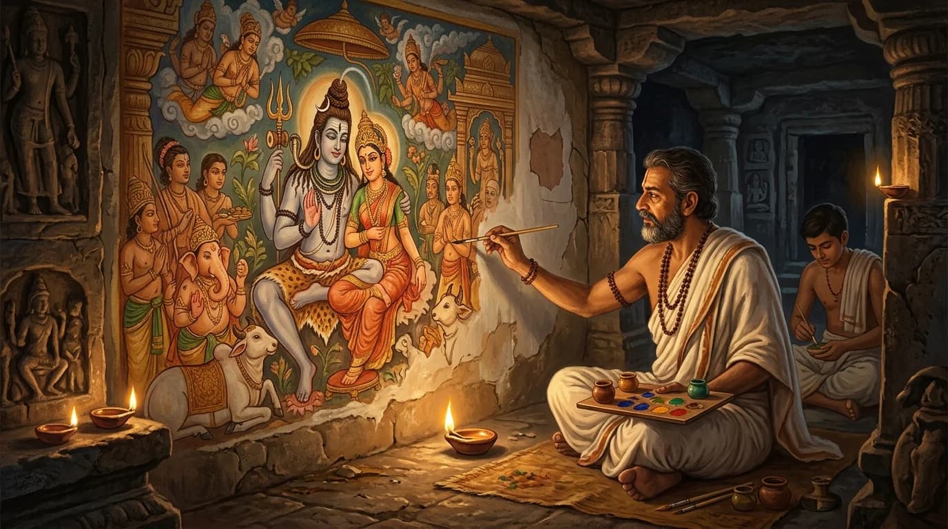 Ancient master Shilpi painting classical divine frescoes with natural mineral pigments in rock-cut temple cave