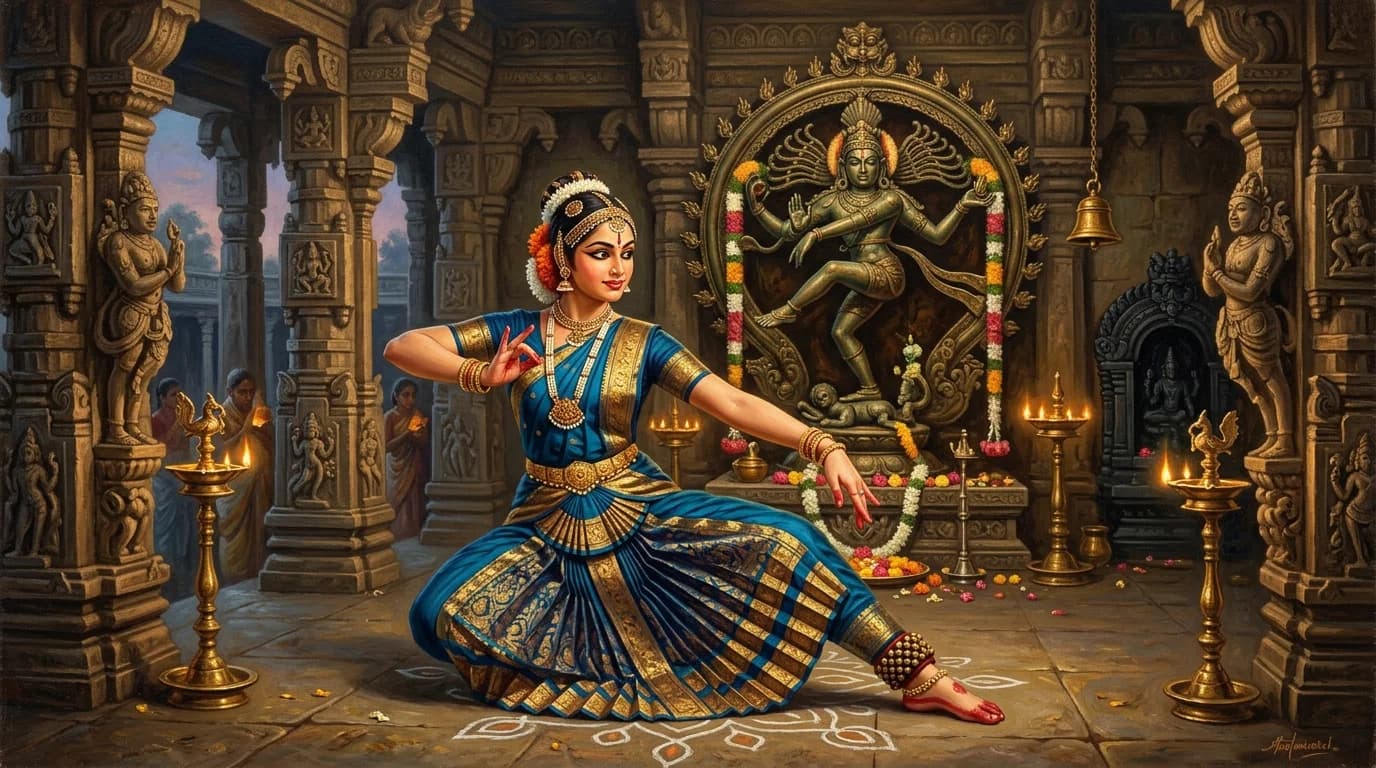 Classical Bharatanatyam dancer performing sacred temple recital before bronze Nataraja idol in granite mandapam
