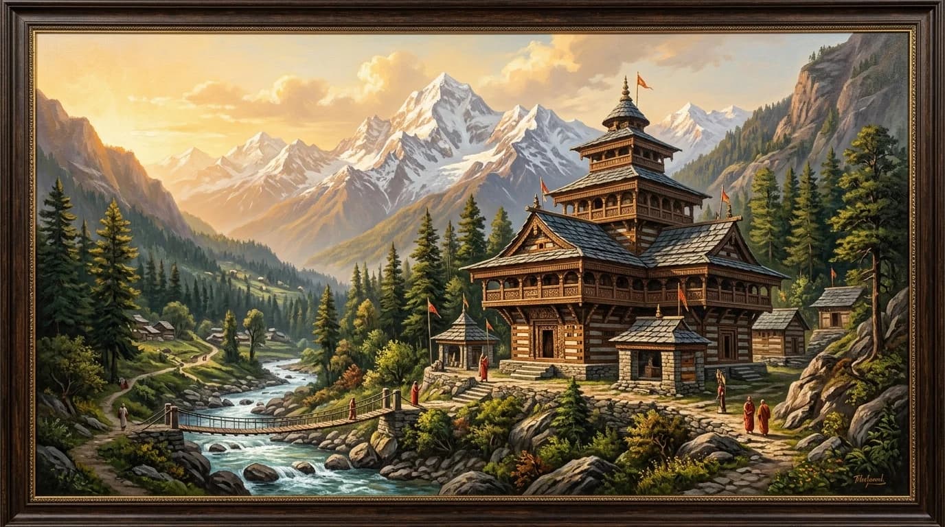 Kath-Kuni traditional wooden and stone pagoda temple in pine forested valley with snow-peaked Himalayas and sacred mountain river