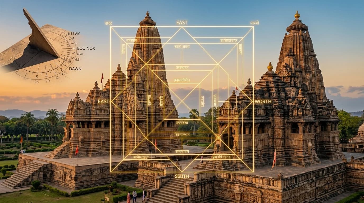 Comprehensive architectural geometry of Hindu temples illustrating the Vastu Purusha Mandala, gnomonic solar shadow projection, and elevations of Nagara Shikhara and Dravida Vimana spires
