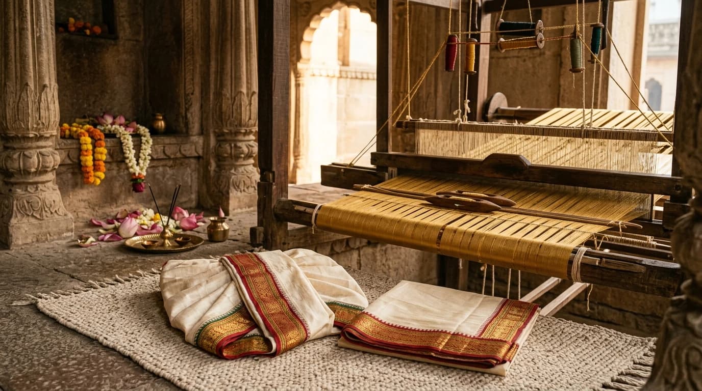 Pristine handloom Ahata-vastra raw silk and khadi cotton Antariya Dhoti with temple borders Karai on a traditional wooden handloom