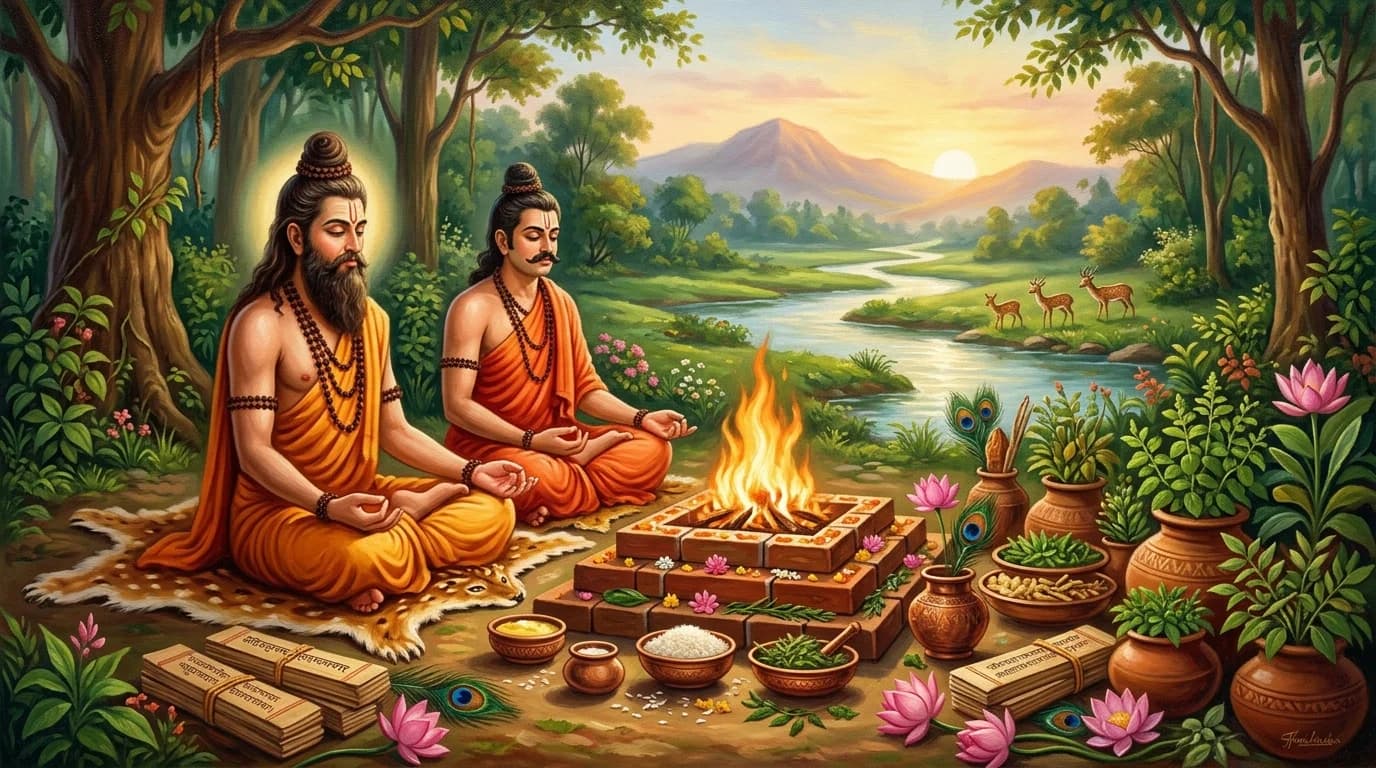 Vedic sages and Brahman priest performing fire yajna with medicinal herbs and palm-leaf manuscripts at sunrise representing Atharvaveda Samhita