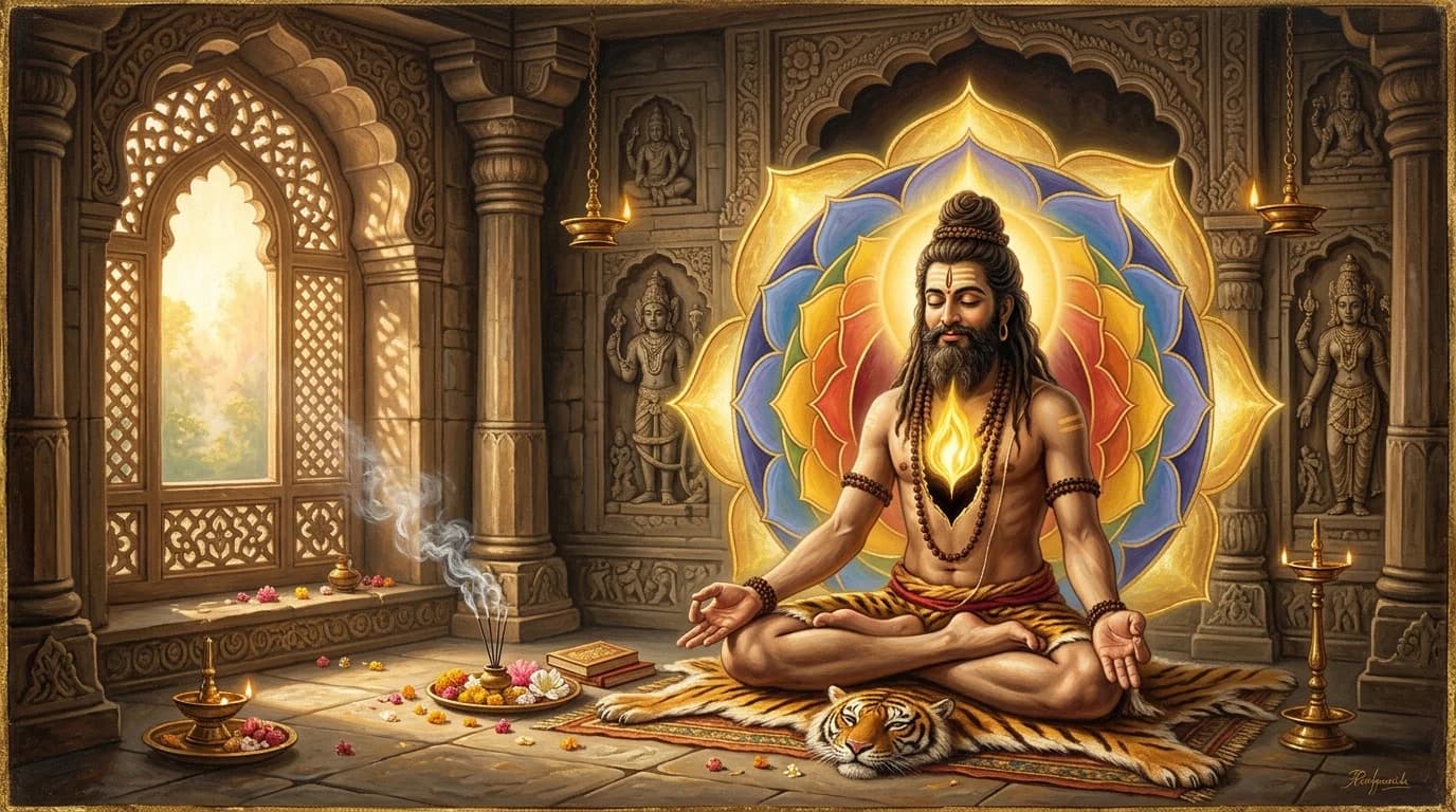 Classical Indian spiritual painting of Atman with golden flame in the heart cave and the five concentric lotus sheaths of the Panchakosha
