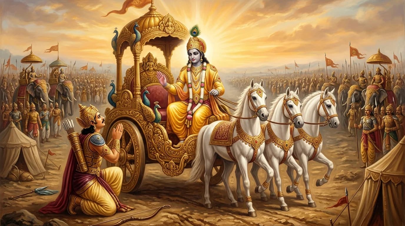 Bhagavan Shri Krishna imparting the timeless wisdom of the Bhagavad Gita to Arjuna upon the golden war chariot at Kurukshetra battlefield