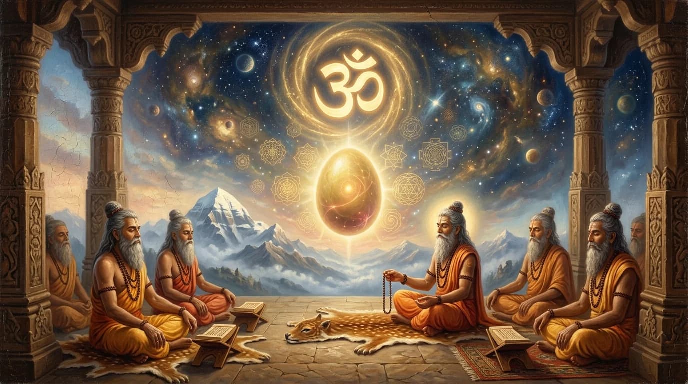 Classical Indian philosophical depiction of Brahman with glowing Hiranyagarbha, Om symbol, and meditating sages overlooking cosmic peaks