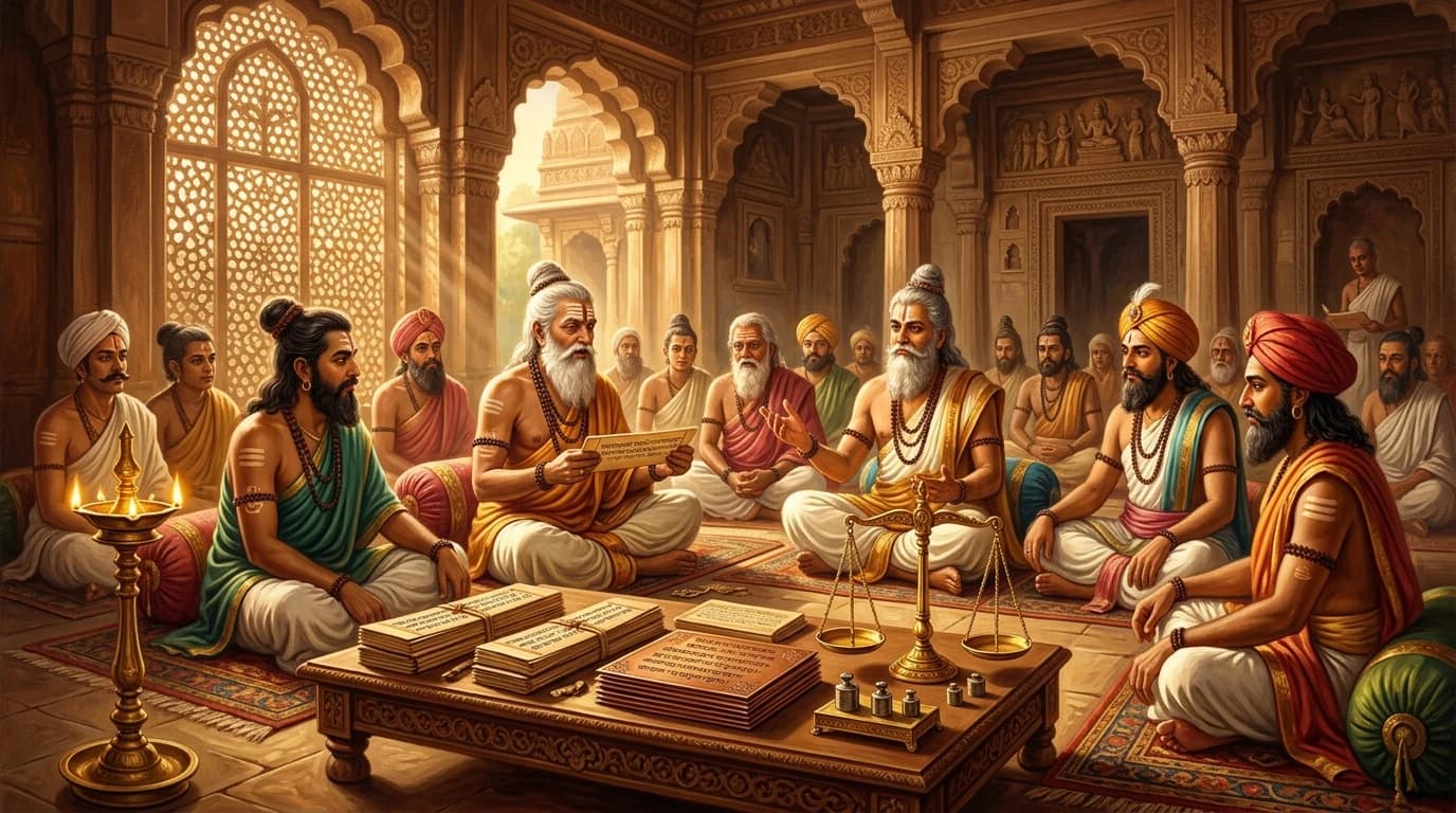 Ancient Indian jurists and acharyas in assembly with palm-leaf manuscripts and weighing scales of justice representing Dharmashastra literature