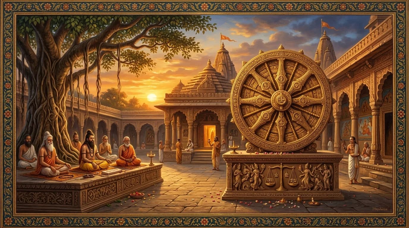 Classical Indian painting of the cosmic wheel of Karma and moral equilibrium with meditating rishis beneath a banyan tree