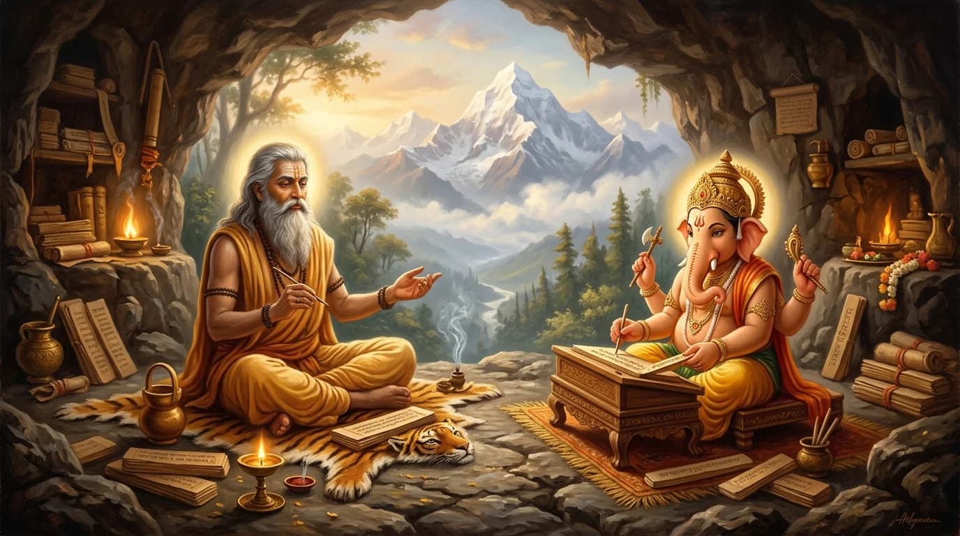 Maharṣi Kṛṣṇa Dvaipāyana Veda Vyāsa composing the monumental epic Mahābhārata and dictating to Lord Gaṇeśa in a Himalayan cave hermitage at dawn