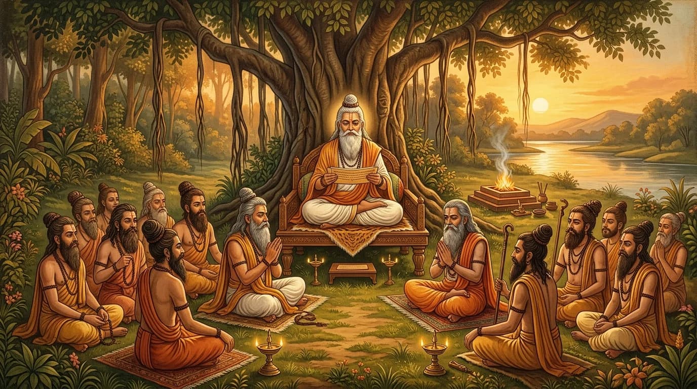 Maharṣi Veda Vyāsa instructing Sūta Romaharṣaṇa and sage Śaunaka amidst the holy Naimiṣāraṇya forest conclave reciting the Mahāpurāṇas