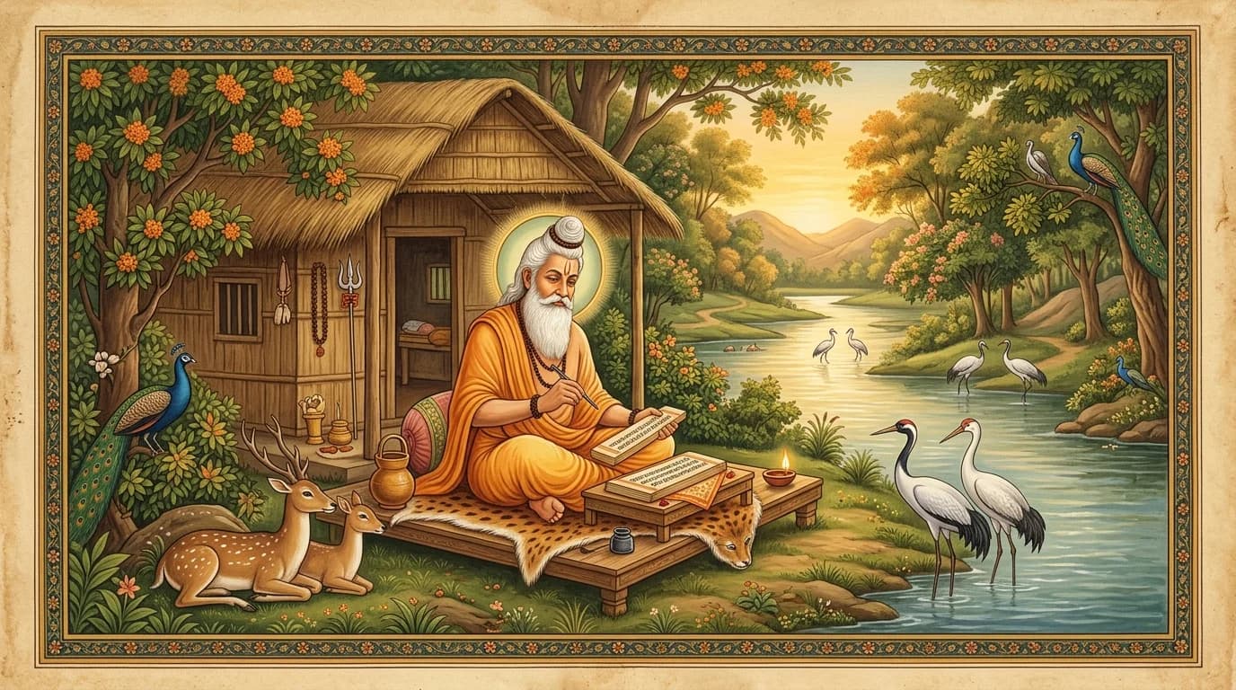 Adi Kavi Maharshi Valmiki seated in peaceful forest hermitage beside Tamasa river composing the Ramayana with palm-leaf manuscript
