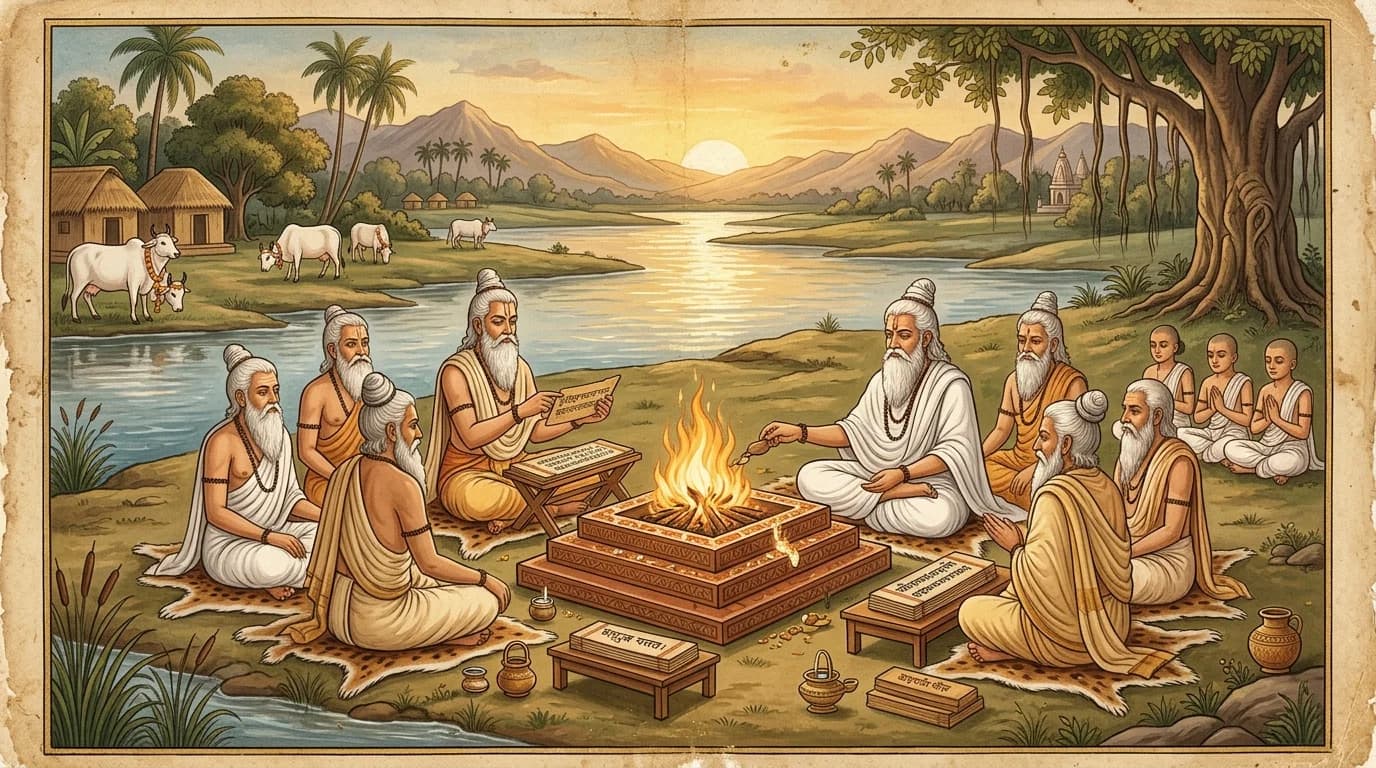 Vedic Rishis and Hotri priests reciting the Rigveda Samhita around sacred Agni altar beside sacred river at sunrise