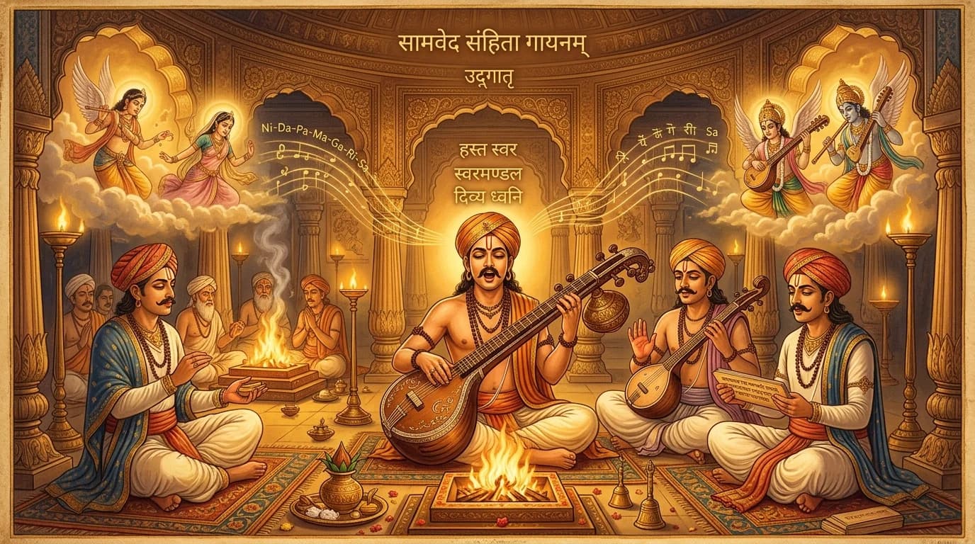 Udgatri priests chanting the Samaveda with sacred Veena, hand gestures, and celestial Gandharvas in golden hall