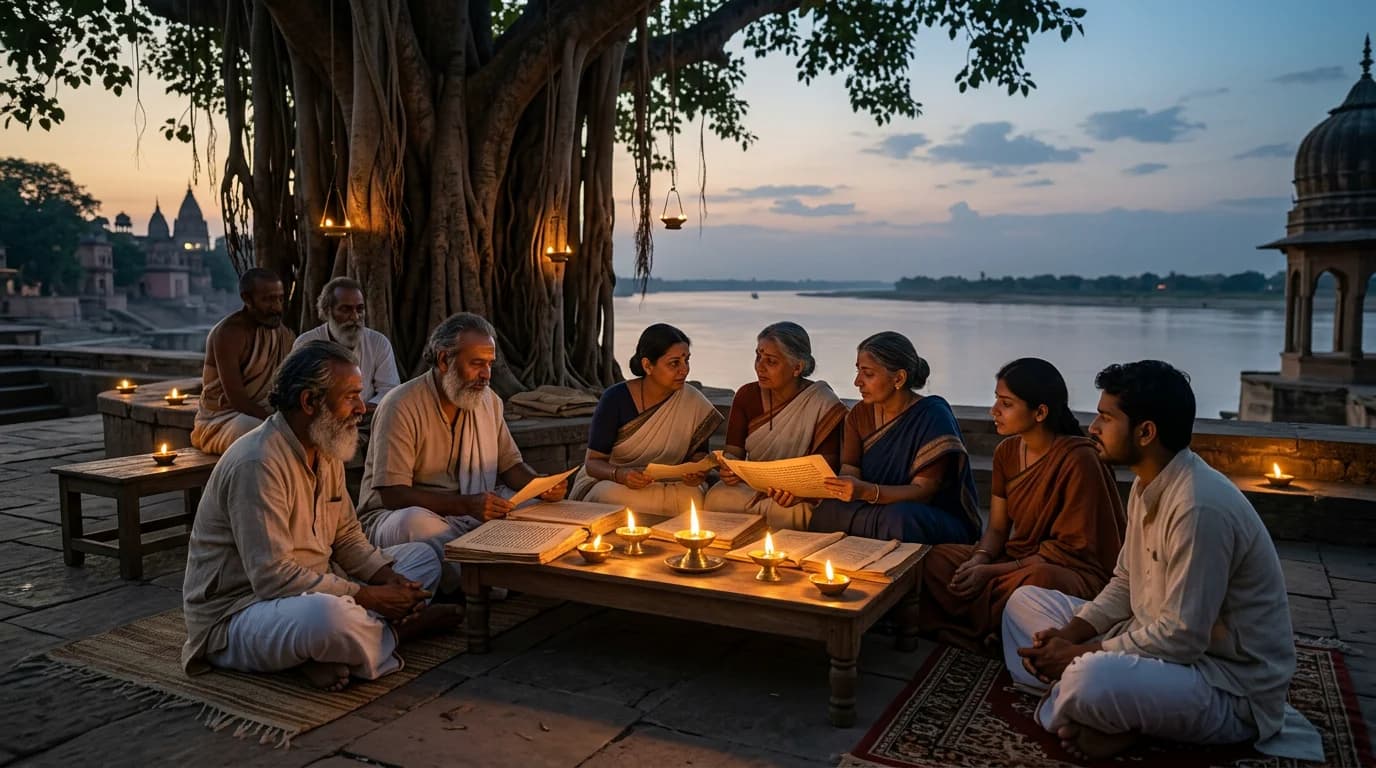 Vedic sages, young seekers, and women scholars (Brahmavadinis like Gargi and Maitreyi) seated in revered philosophical dialogue (samvada) by river at twilight