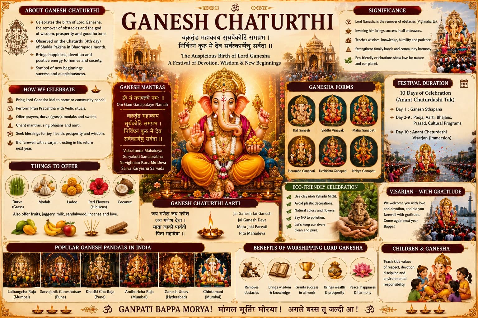 Eco-friendly clay idol of Lord Ganesha adorned with red flowers, sacred thread, and prasad
