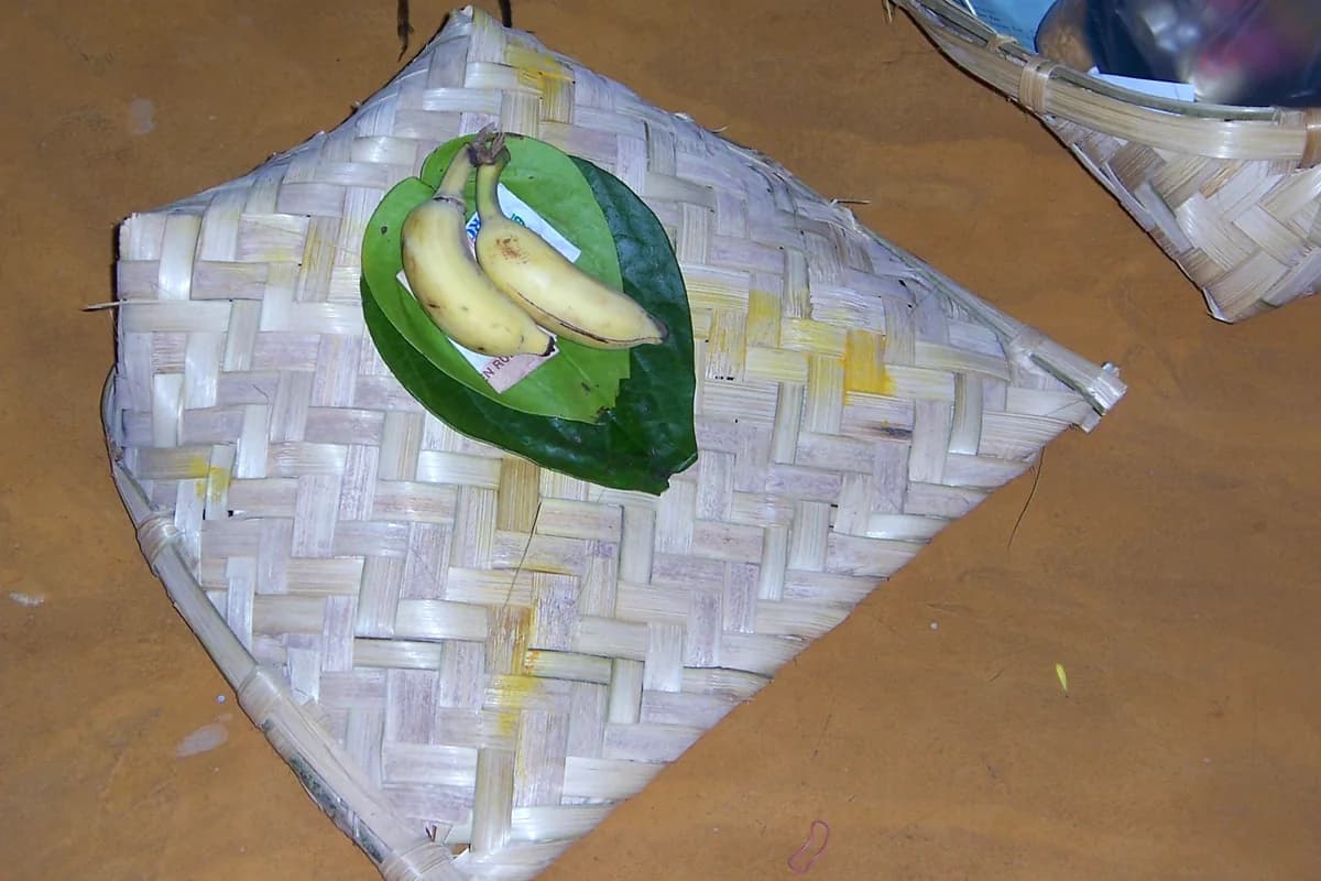 Traditional painted bamboo winnow (moram) filled with auspicious turmeric, kumkum, and grains for Gowri Habba