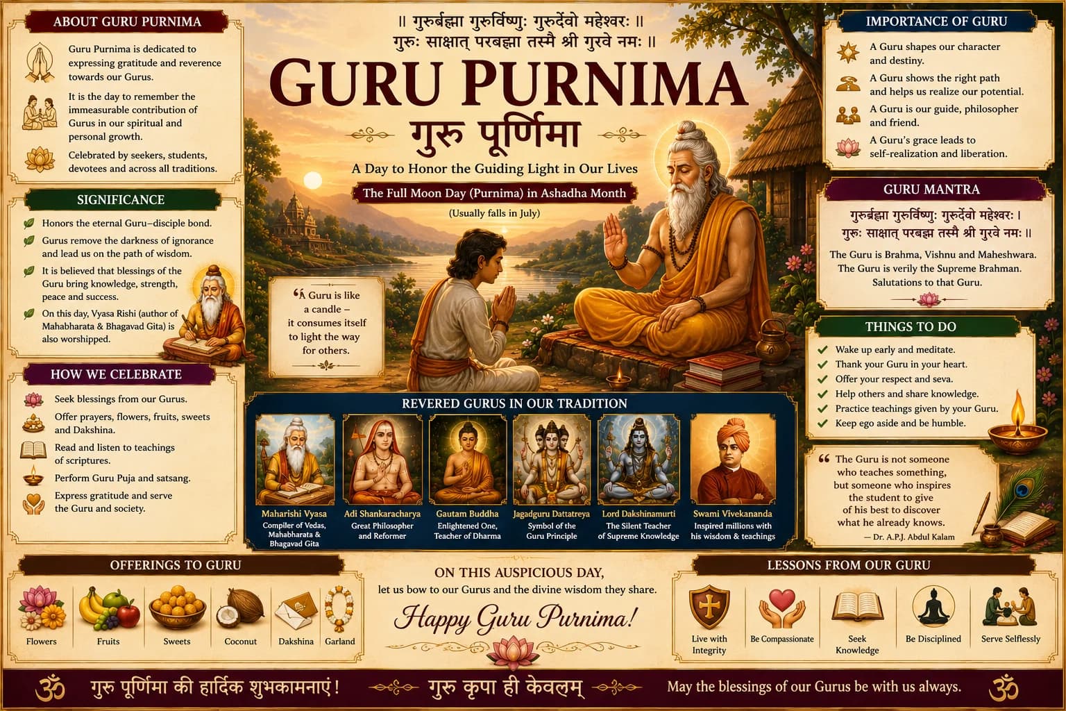 Traditional Indian wooden sandals (Khadam / Padukas) reverently placed for Guru Purnima puja