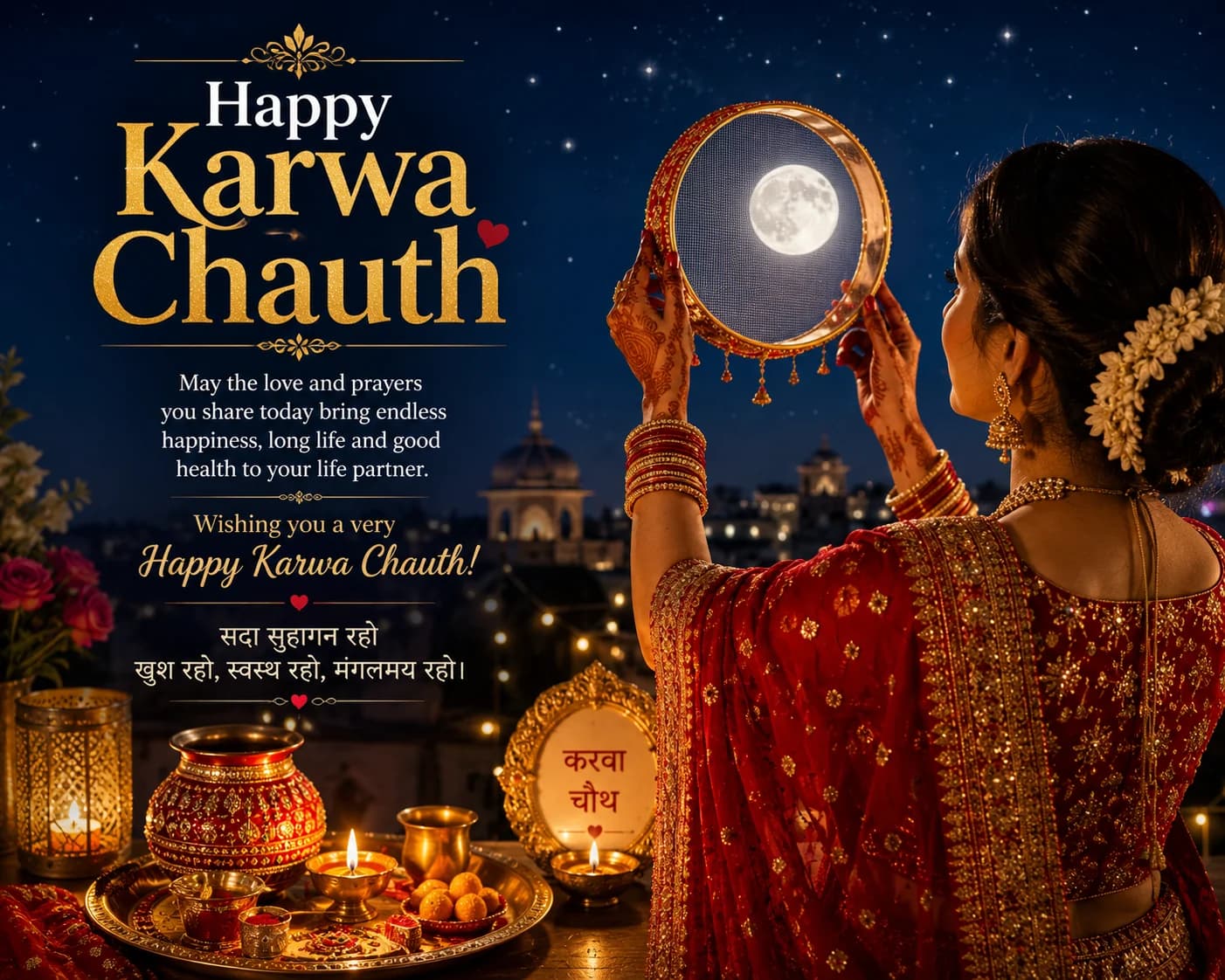 Auspicious brass puja thali with decorated sieve (channi) and earthen karwa pot for moon sighting