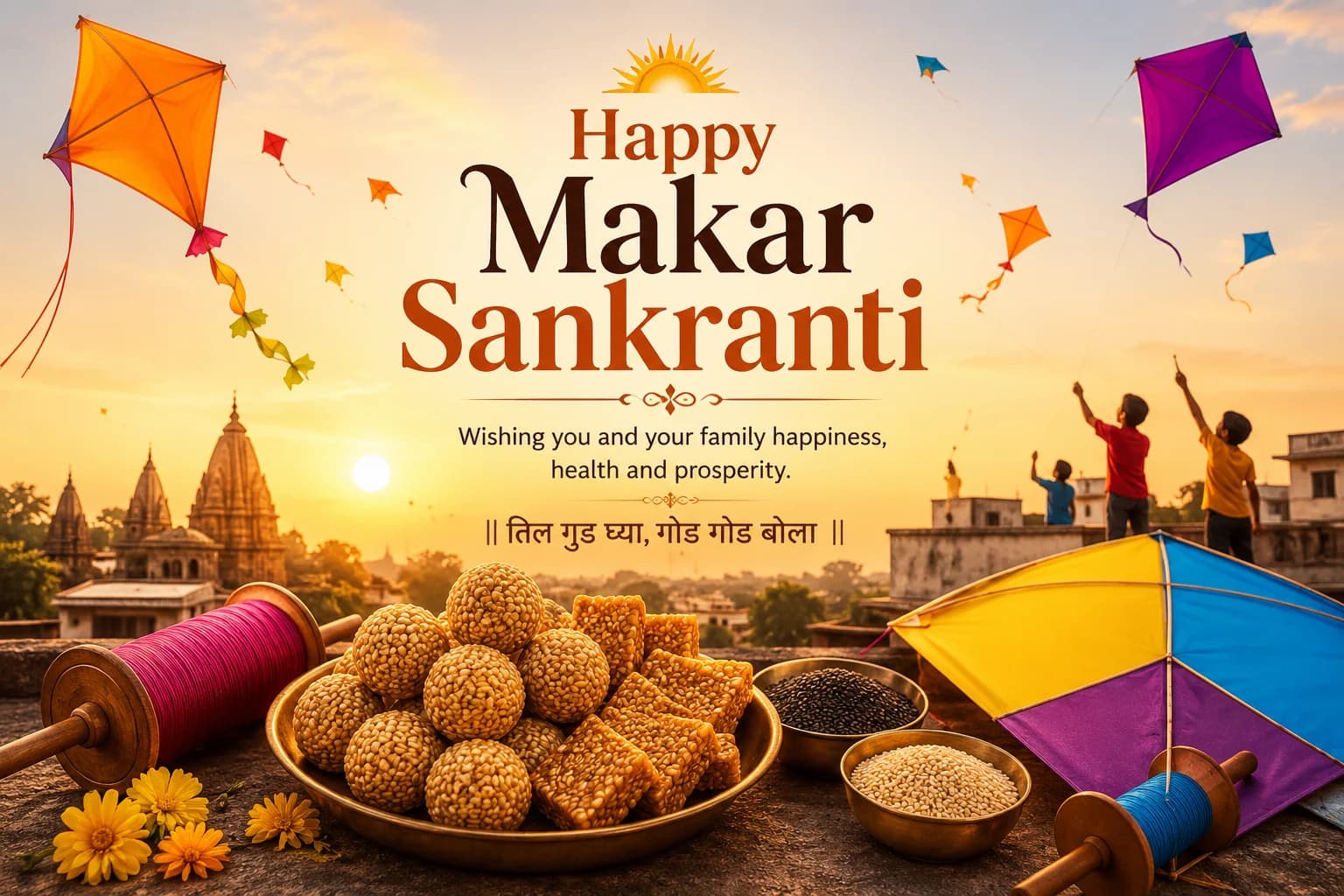 Vibrant night sky illuminated with festive lanterns and kites celebrating Uttarayana transit