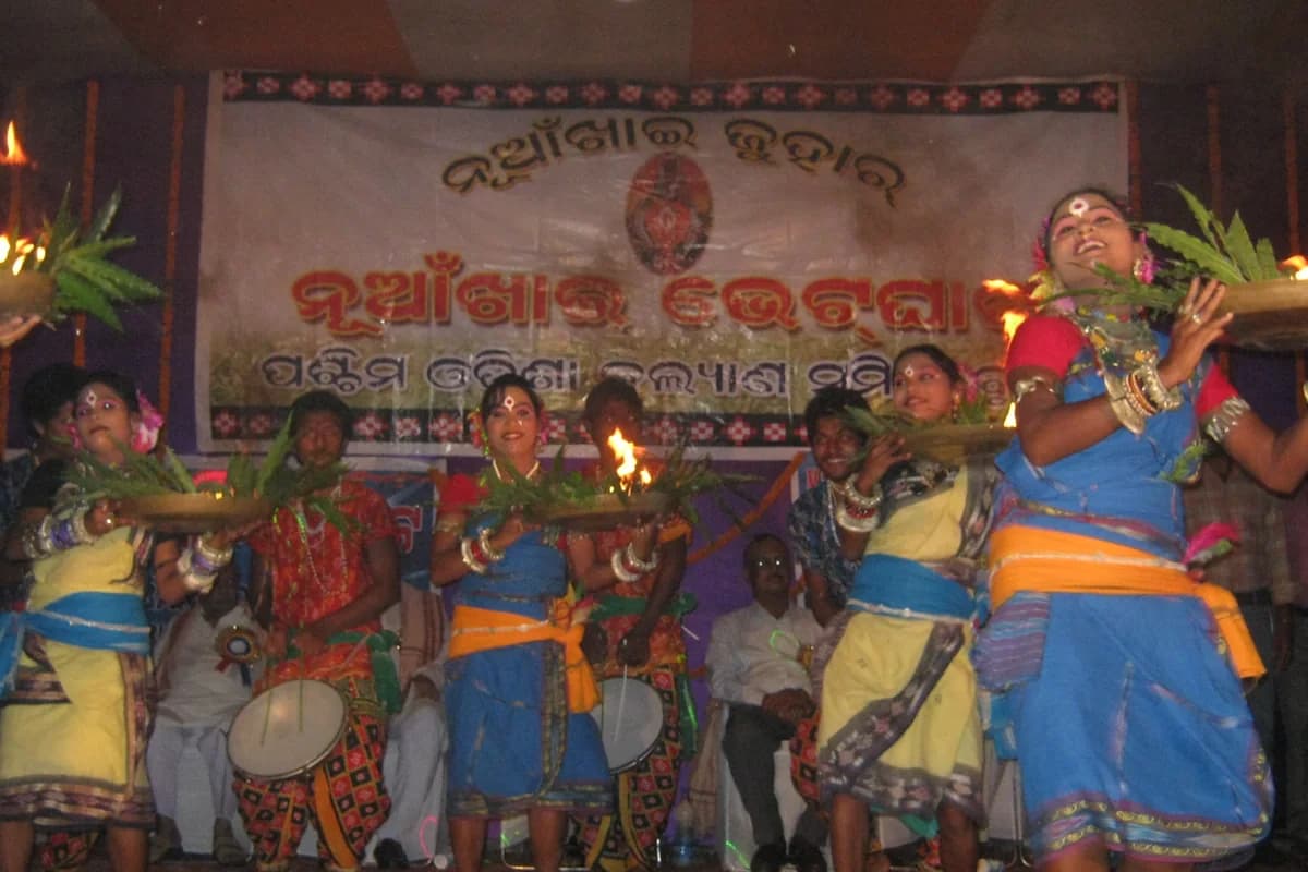 Folk artists performing traditional Sambalpuri dance to celebrate the first harvest of paddy grains