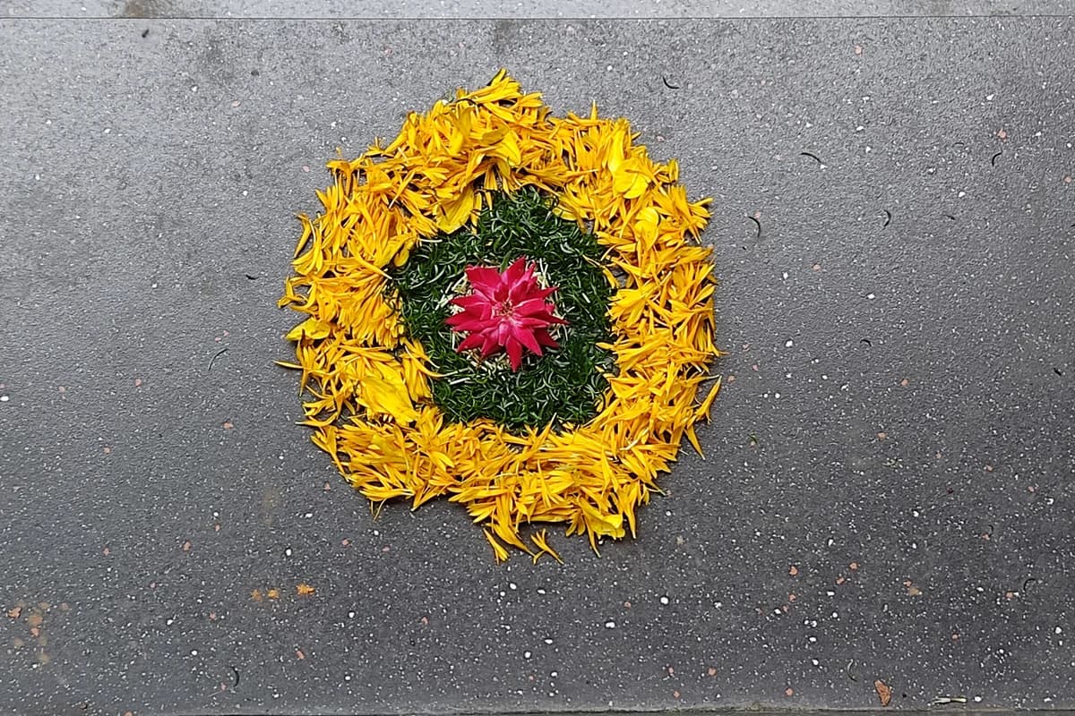 Exquisite circular floral carpet (pookkalam) composed of fresh petals welcoming King Mahabali