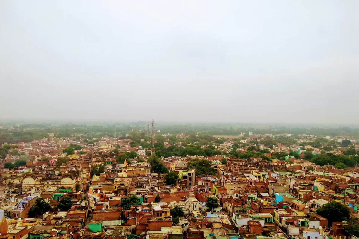 View of the sacred holy town of Barsana from the revered hilltop temple of Shri Radha Rani