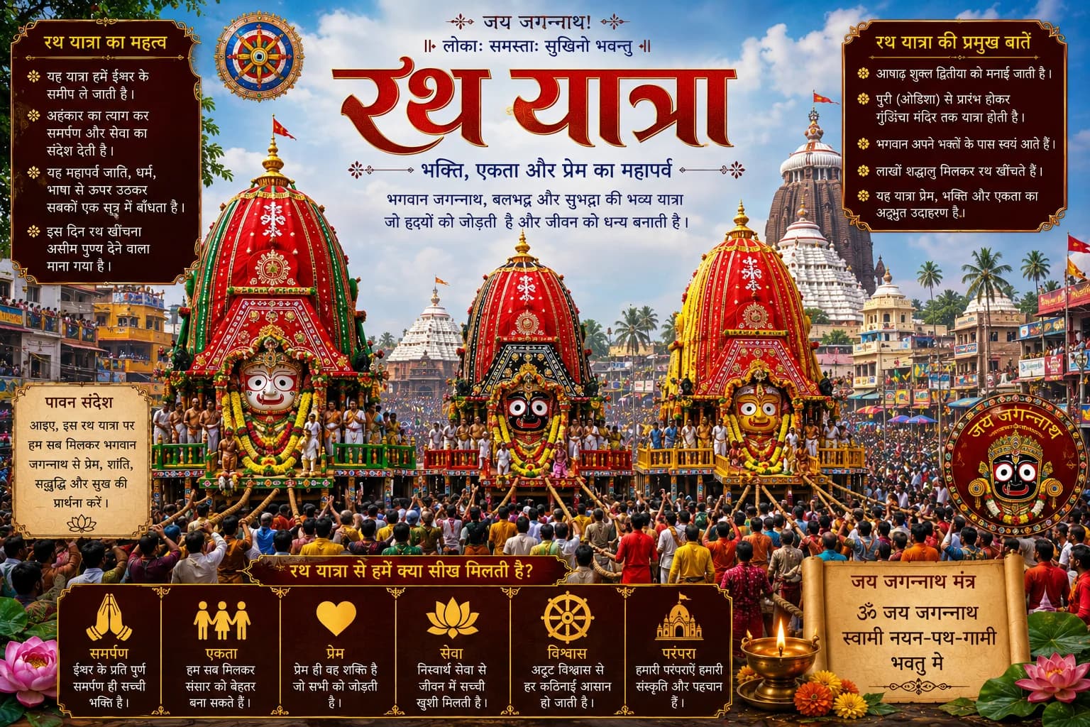 Grand wooden chariot covered in vibrant red and yellow fabric during the annual Puri Rath Yatra procession