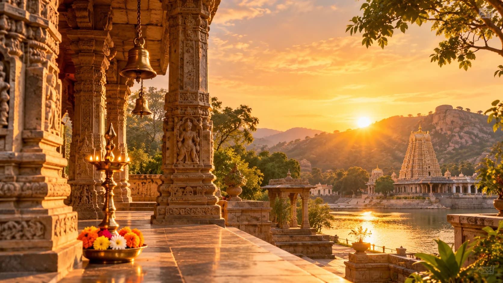 Sacred temple courtyard at dawn overlooking serene lake with radiant morning sunlight