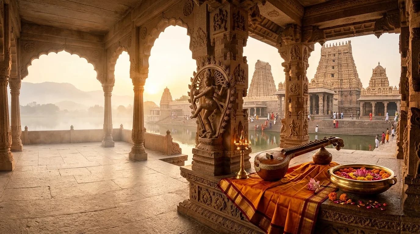 Sacred Indian heritage pavilion with classical Saraswati veena, Nataraja stone sculpture, sacred pushkarini lake, and illuminated temple gopurams at dawn