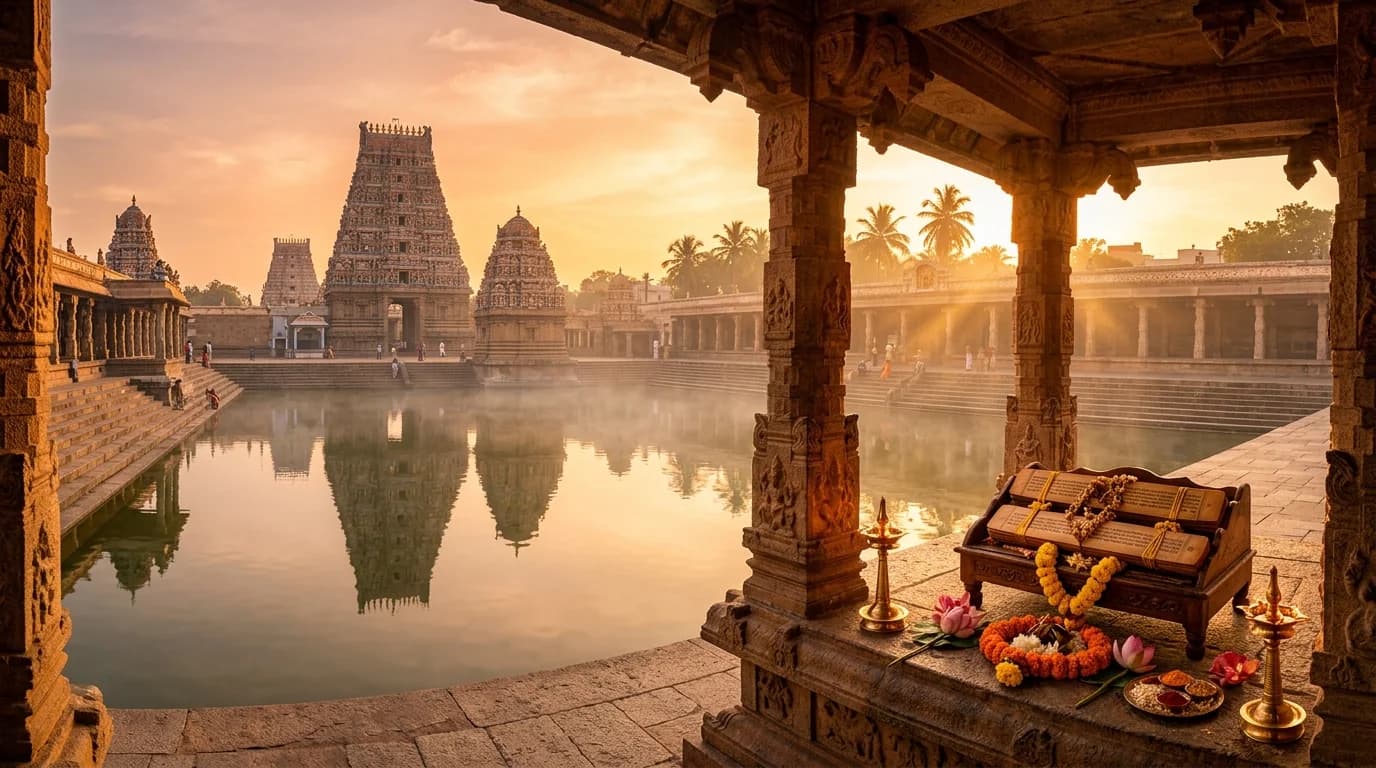 Sacred Indian temple courtyard and pushkarini at golden sunrise dawn with illuminated stone mandapam, glowing brass diya lamps, and ancient palm-leaf manuscripts