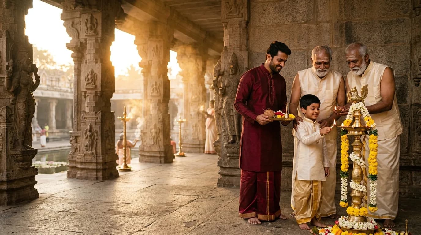 Sacred Indian family ritual in ancient temple courtyard at dawn golden hour with grandfather, father, and child lighting ceremonial diya