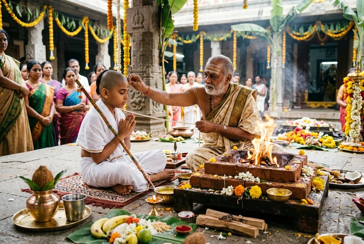 Sacred Upanayana initiation ceremony marking traditional spiritual education and Samskara milestones