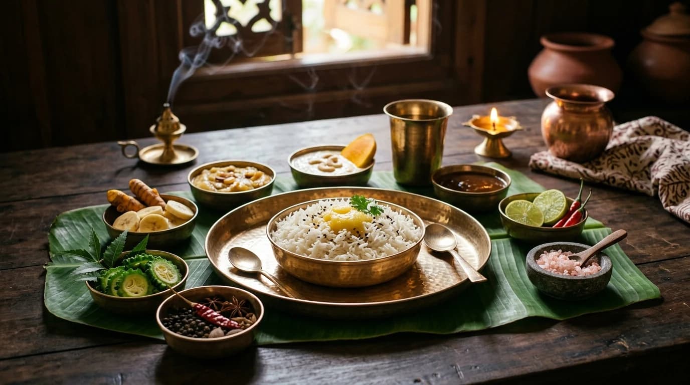 The Ayurvedic Thali & The Harmony of Six Tastes (Ṣaḍ Rasa): Kansa bronze dinnerware bearing sweet, sour, salty, pungent, bitter, and astringent offerings aligned on a banana leaf
