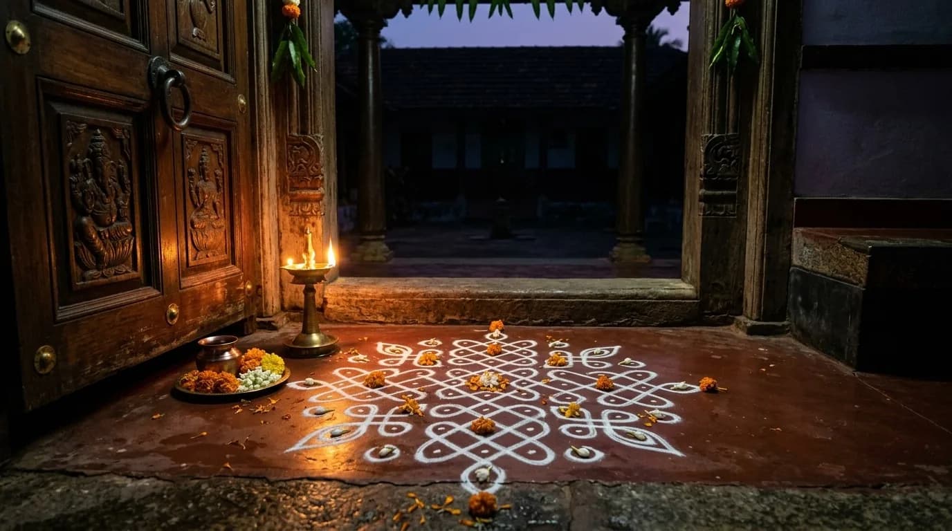 Intricate symmetrical white rice-flour Kolam and Rangoli mandala drawn on sacred threshold with glowing brass diya at dawn