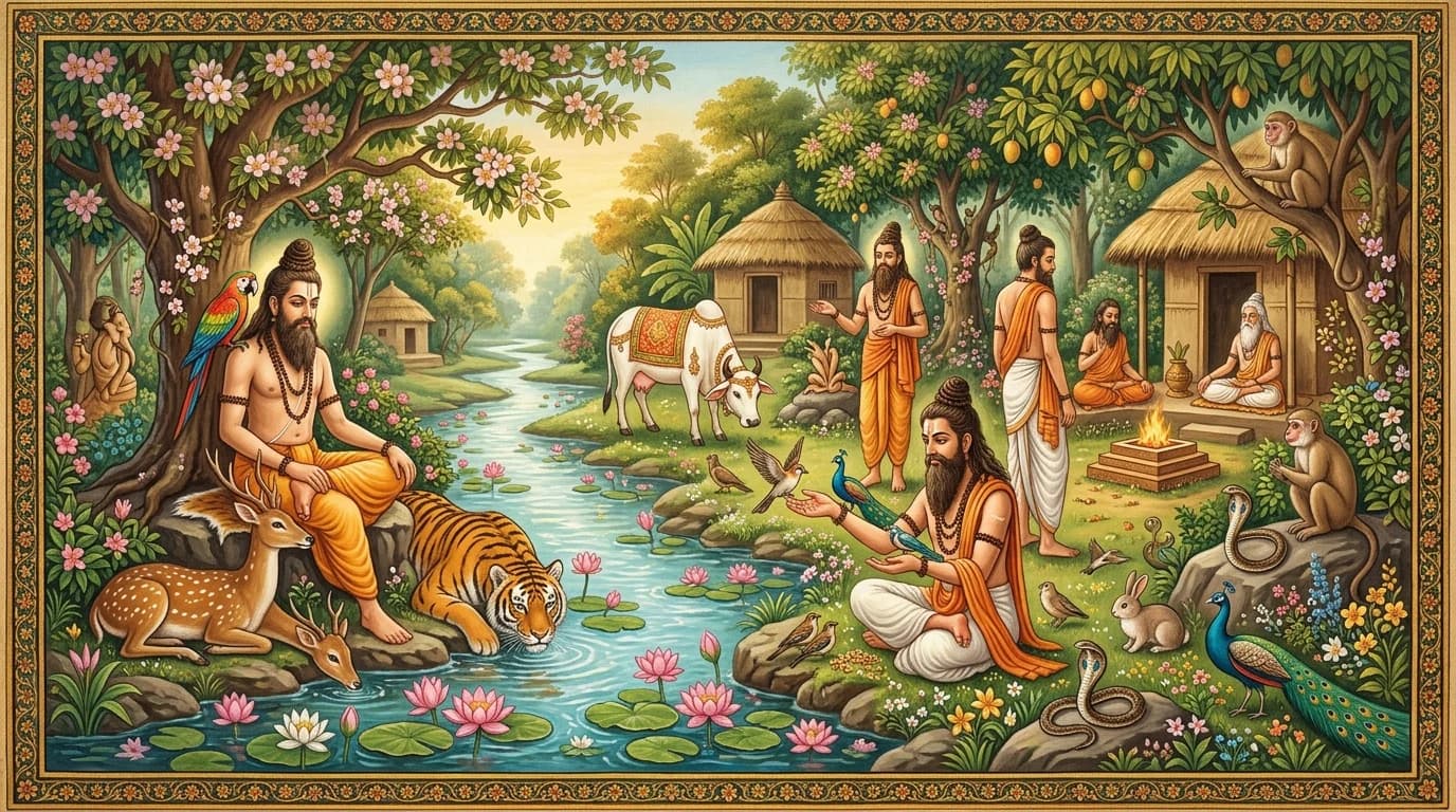 Sacred forest hermitage where Vedic sages and animals dwell together in perfect peace and non-violence