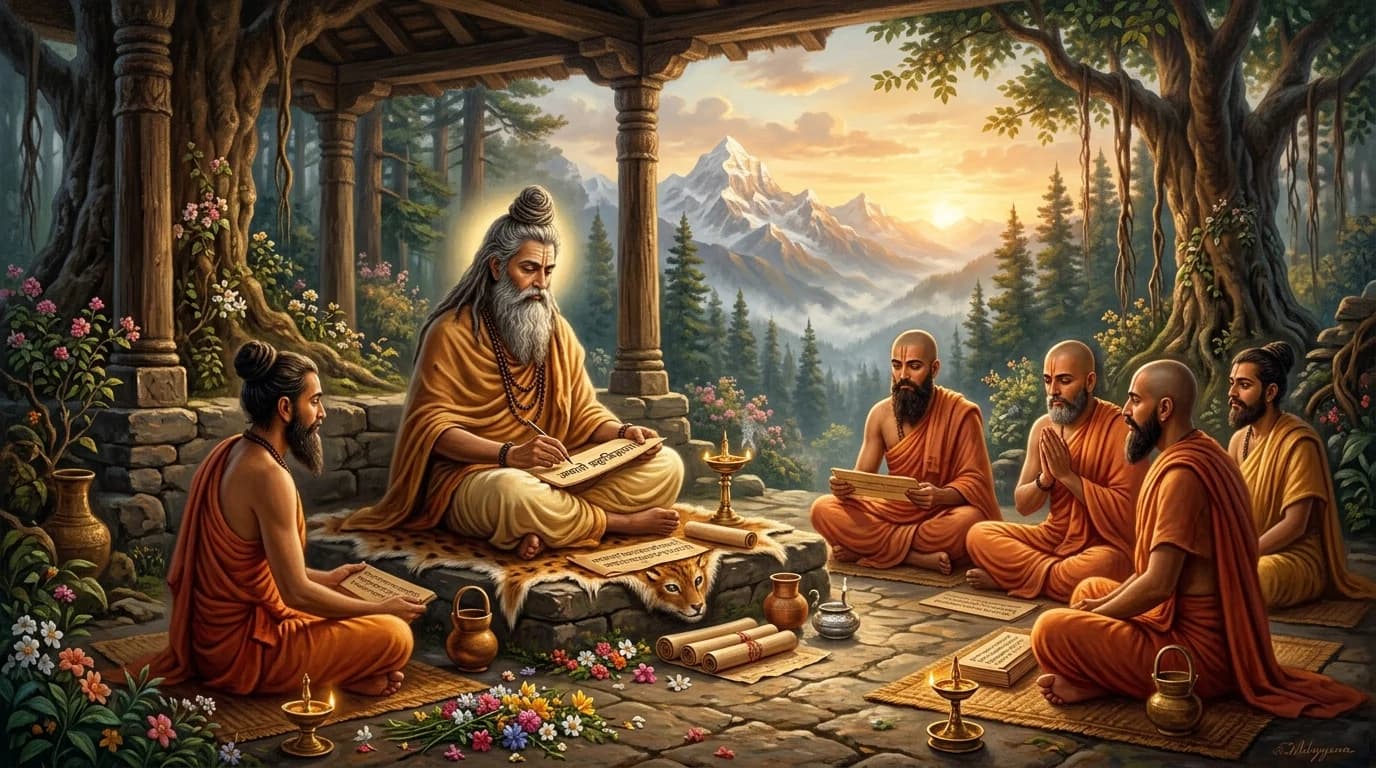 Maharṣi Bādarāyaṇa (Veda Vyāsa) composing and expounding the Brahma Sūtras in an ancient Himalayan hermitage to sannyāsi disciples