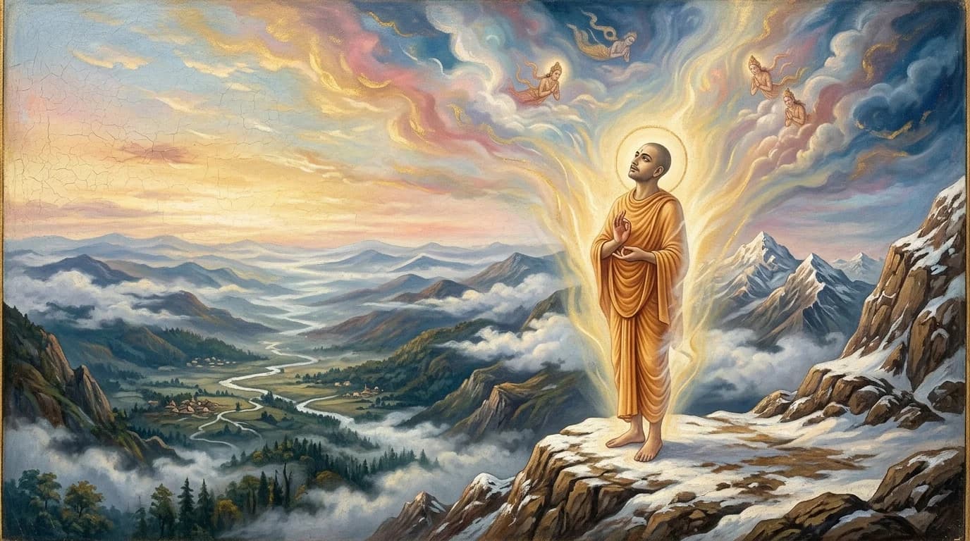 Liberated sage standing atop a Himalayan peak dissolving into celestial golden light of Moksha