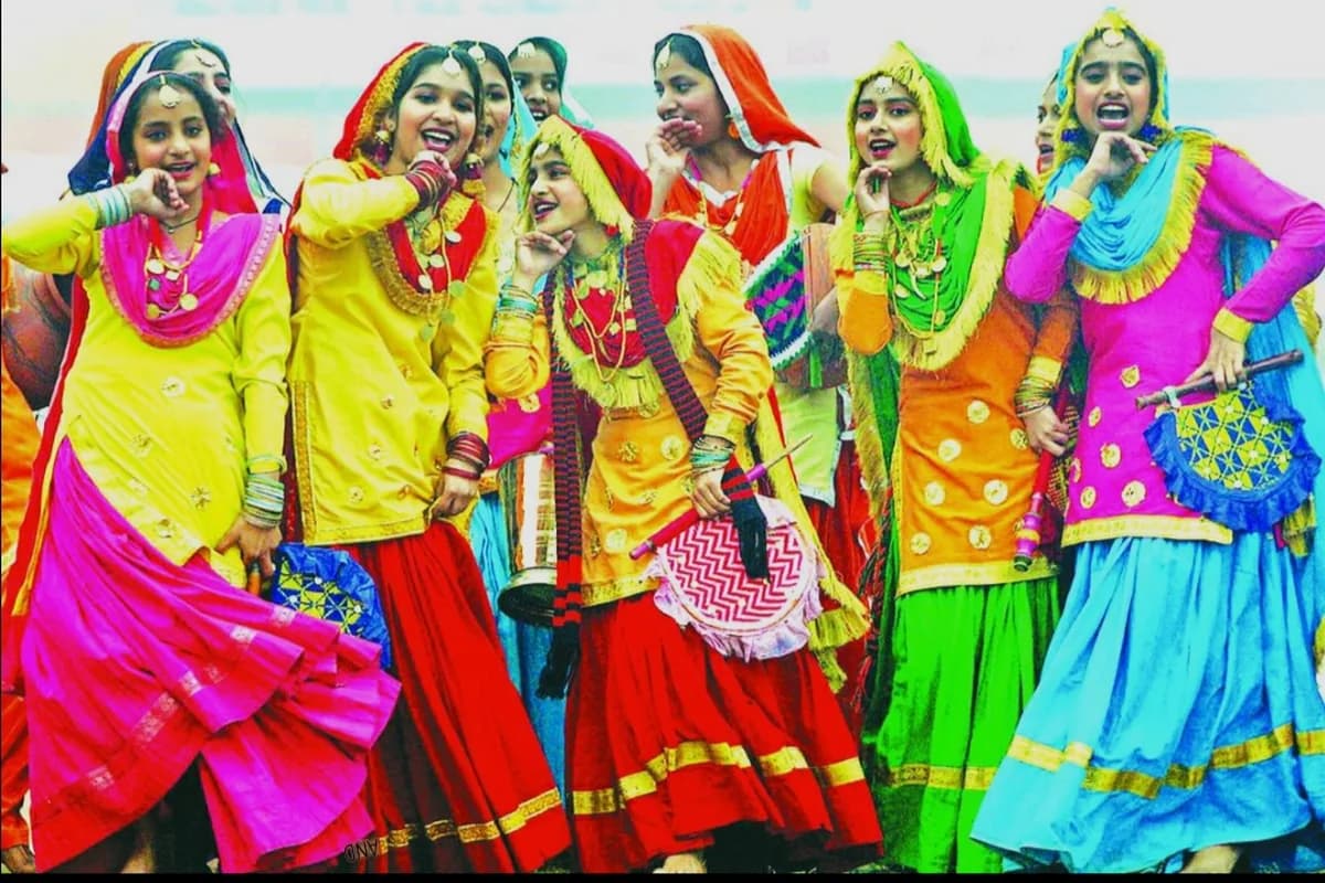 Traditional Punjabi festive folk celebration in village courtyard honoring Baisakhi harvest