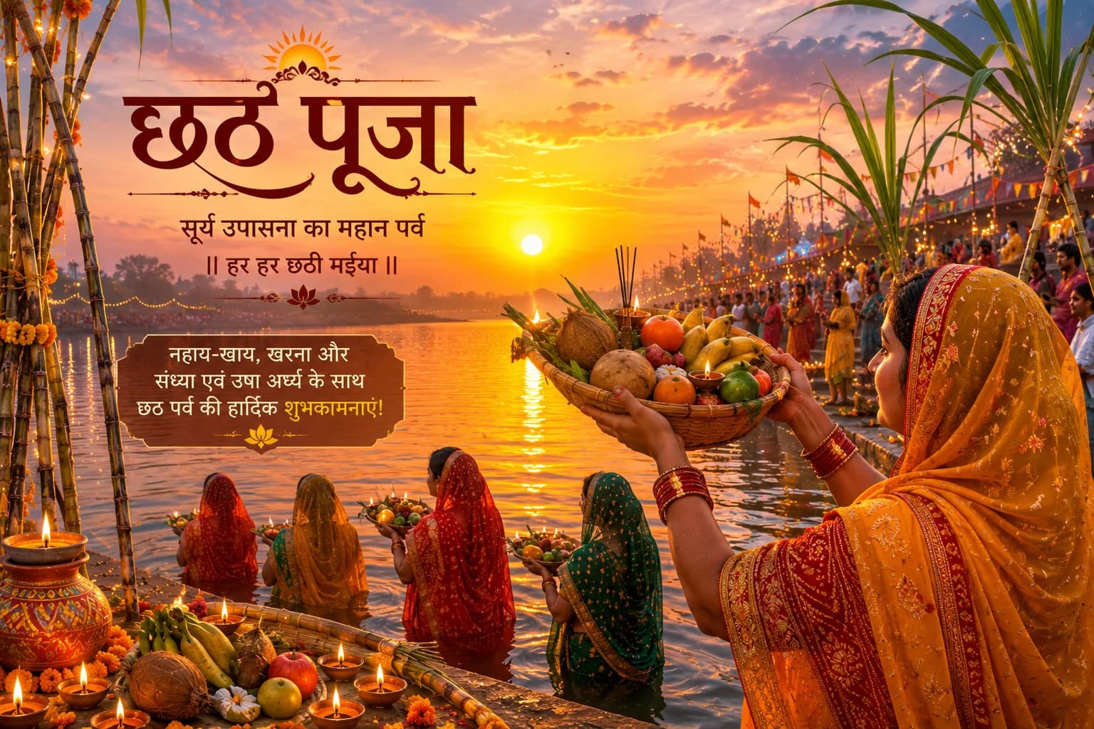 Devotees standing waist-deep in sacred river offering Arghya with bamboo soop to the rising Sun
