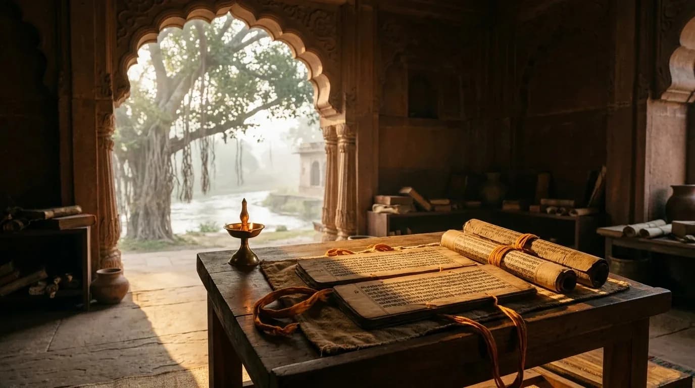 Ancient Vedic wisdom sanctuary at golden dawn with sacred palm-leaf Sanskrit manuscripts, scrolls tied in golden thread, and brass diya lamp